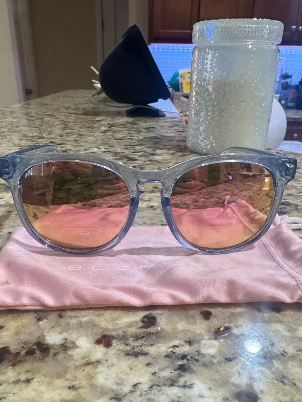 Blenders Blue Clear Frame Sunglasses with Pink Mirrored Lenses